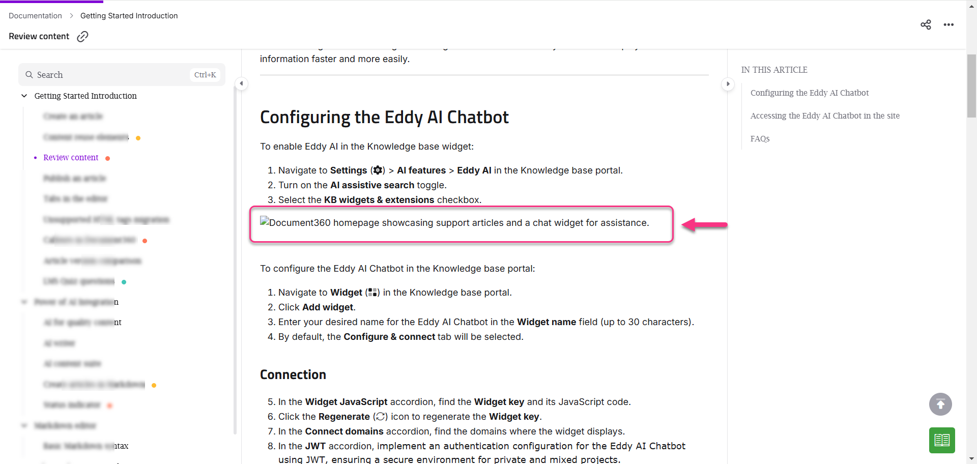 Document360 Knowledge base site appearing with a broken image