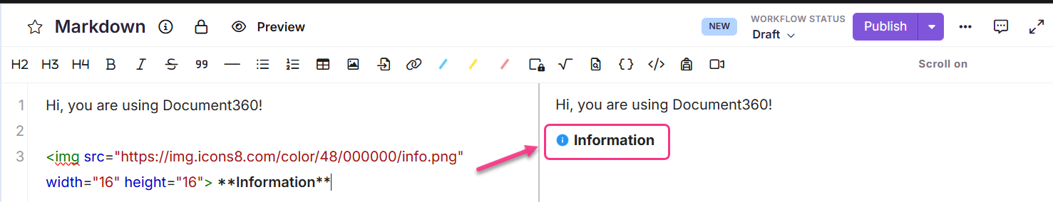 Image showing the use of icons in Markdown editor