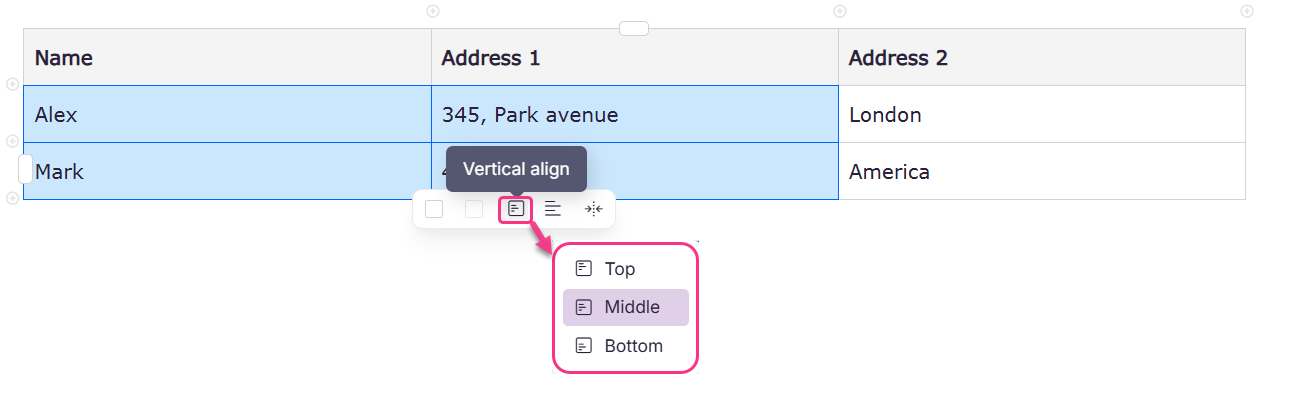 Image showing vertical align options for table cells