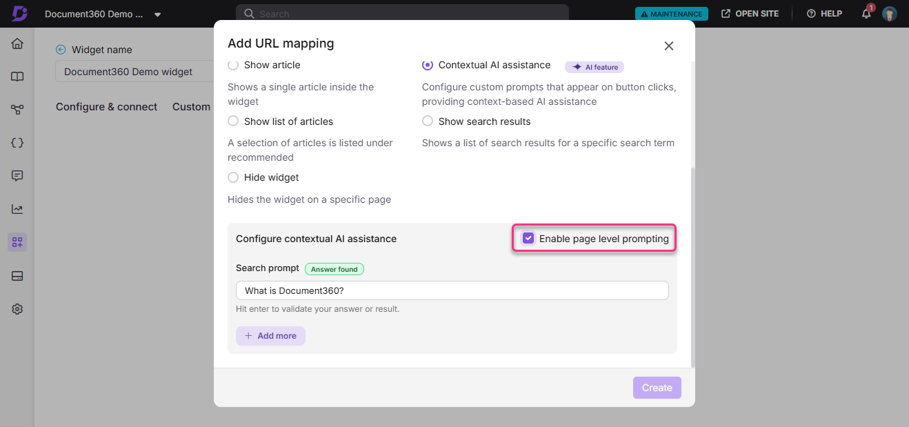 Configuration options for Document360 widget, highlighting page level prompting feature.