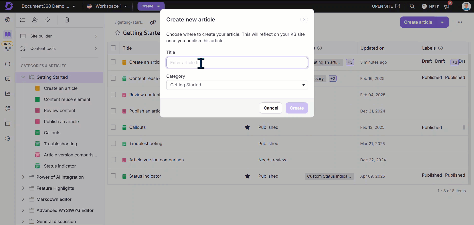Document360 interface shows how to create a category while article creation process.