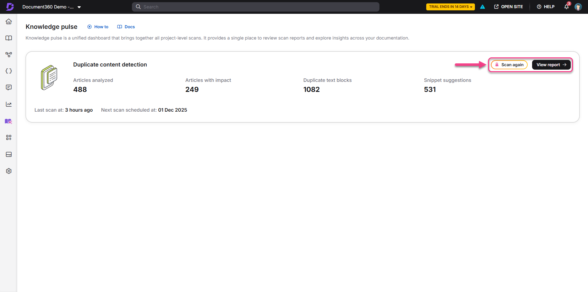 Dashboard displaying duplicate content detection statistics and scan options for articles.