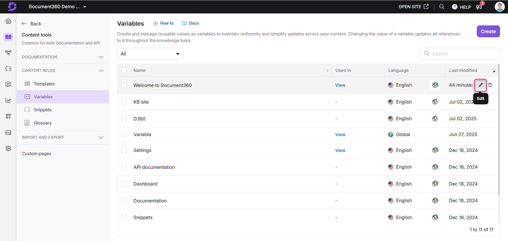 Document360 interface showing variables management and editing options for documentation.