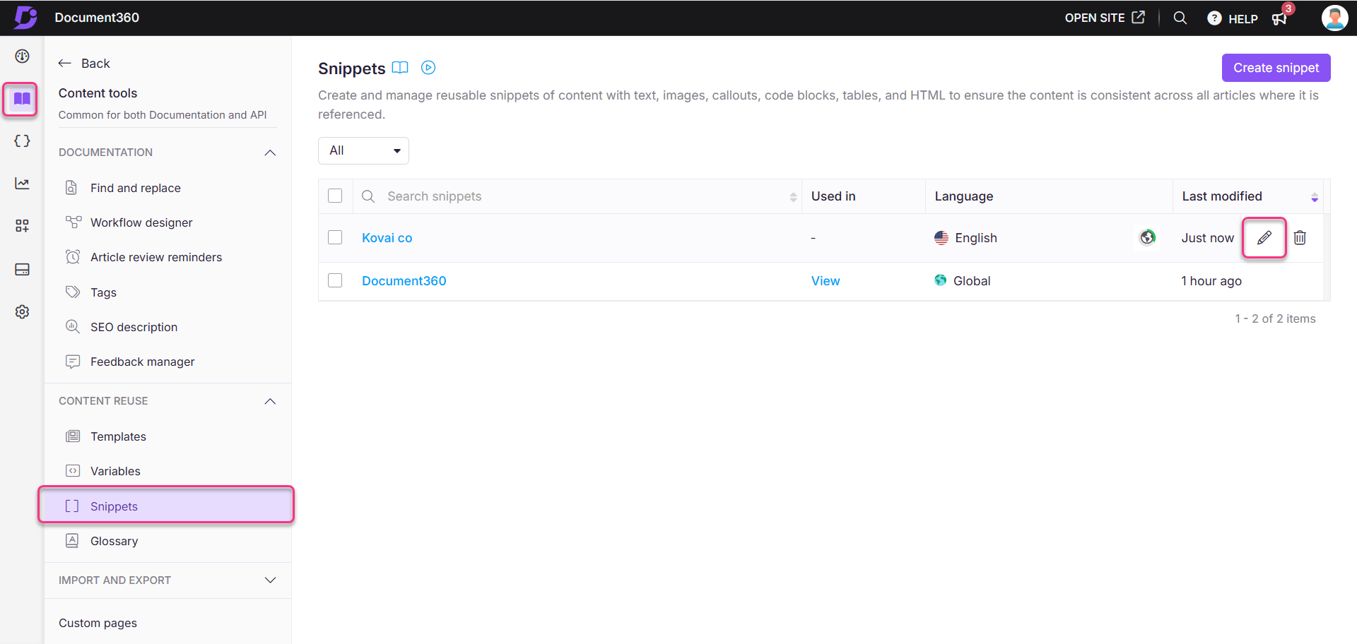 Document360 interface showing snippets management and content tools for documentation.