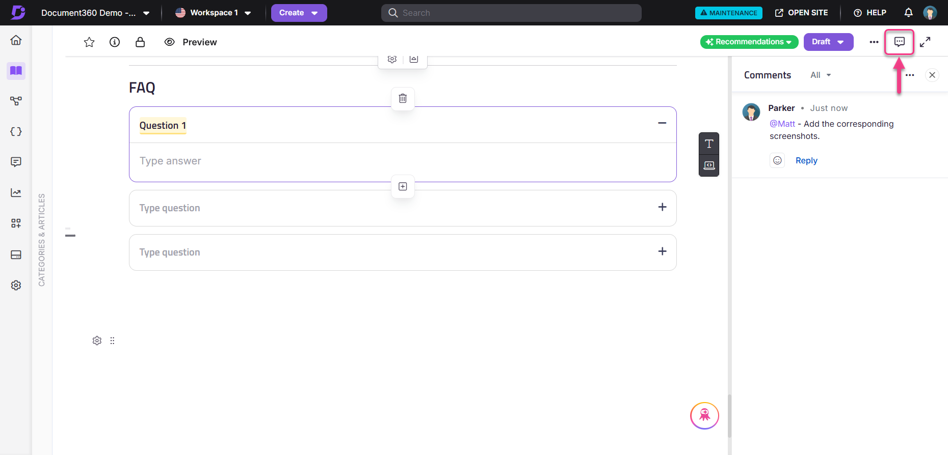 FAQ section displaying questions and answers with options to add or delete entries.