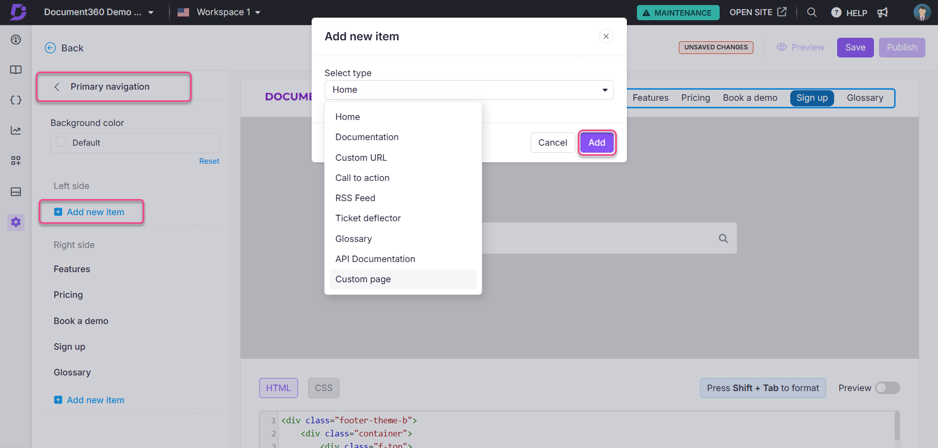 Image showing types of navigation available to add in the header