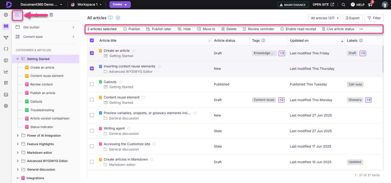 Document360 interface showing article management options and selected articles for publishing.
