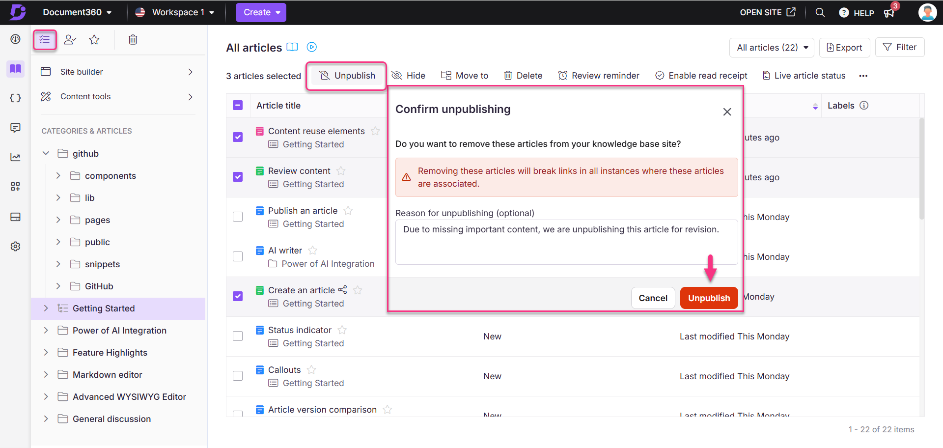 Confirmation dialog for unpublishing articles with warning about breaking links.