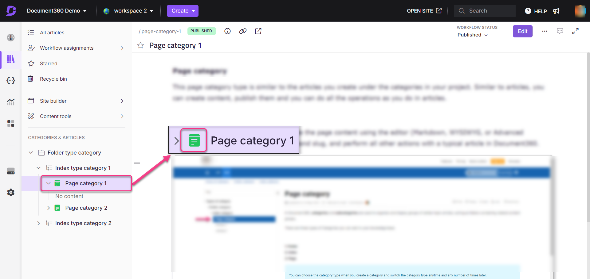 Screenshot of Knowledge base portal for page category typ