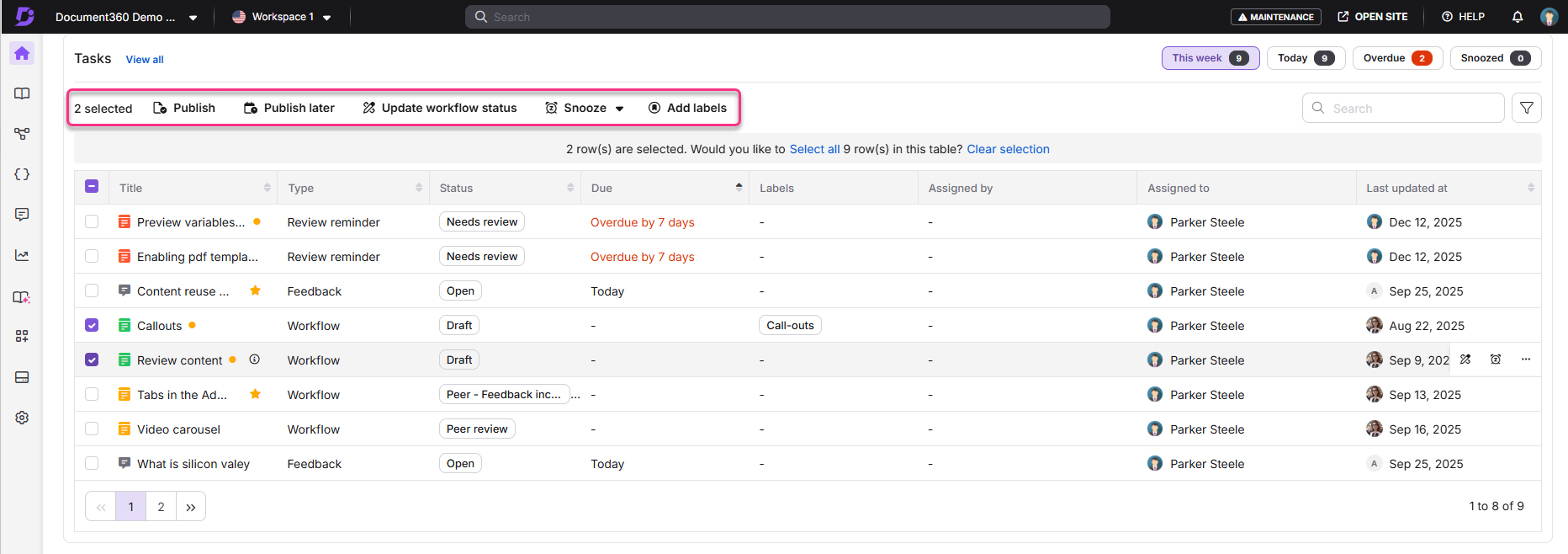 Task management interface showing selected tasks and available actions for workflow updates.