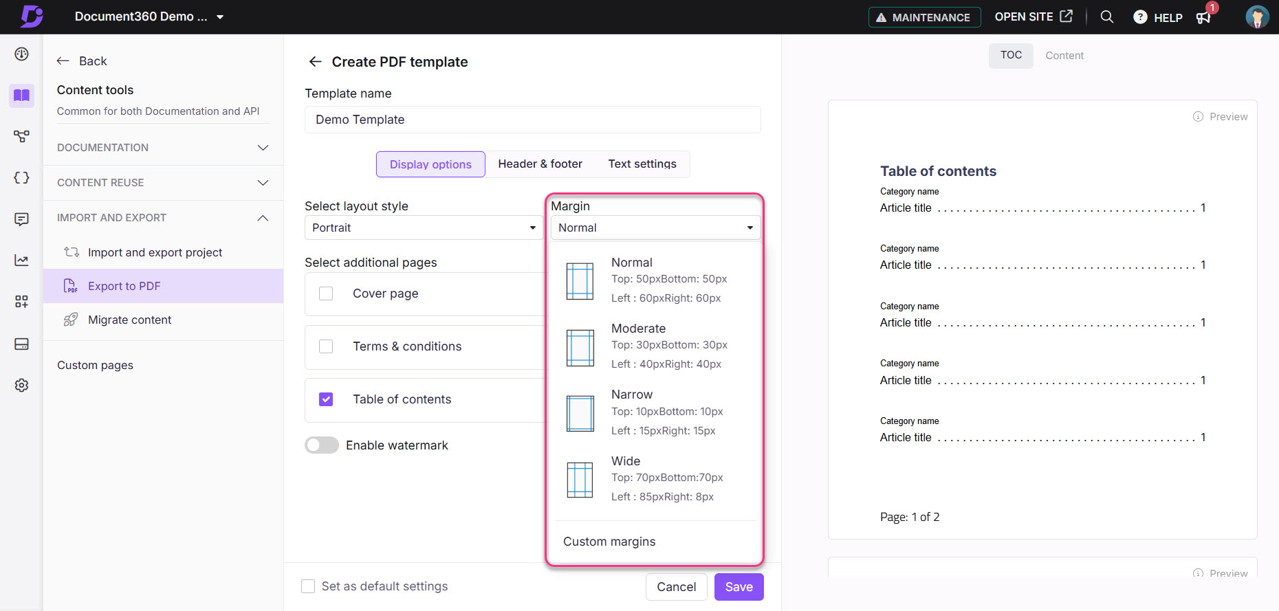 Creating a PDF template with margin settings and table of contents options displayed.