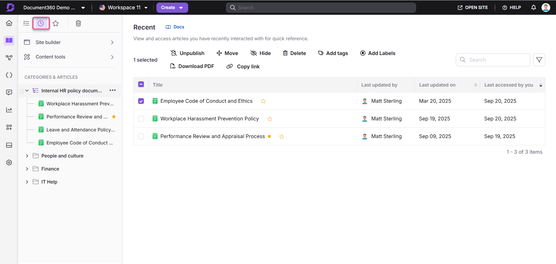 Document management interface displaying recent HR policy articles and their details.