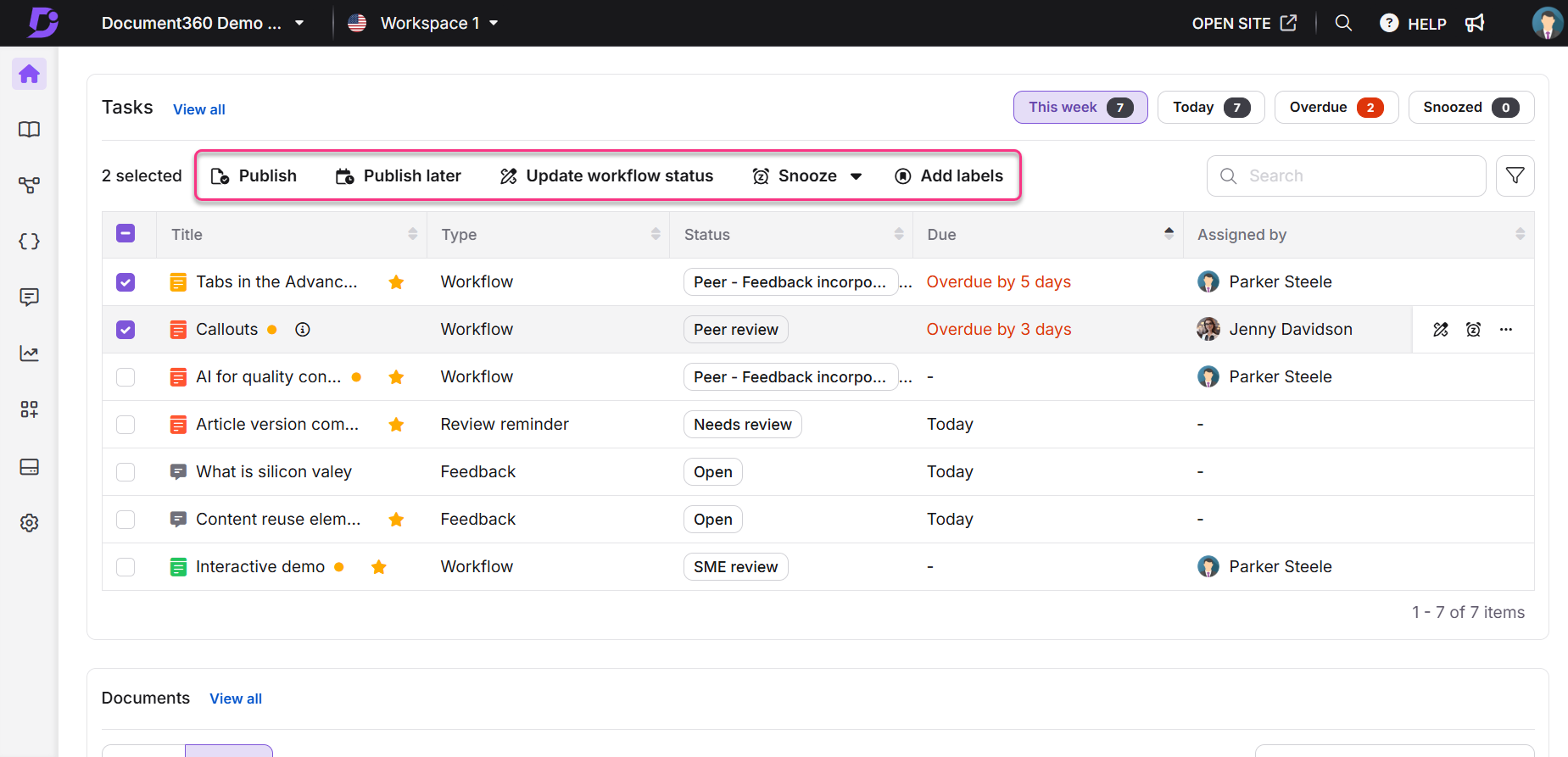 Task management interface showing various tasks with statuses and due dates.