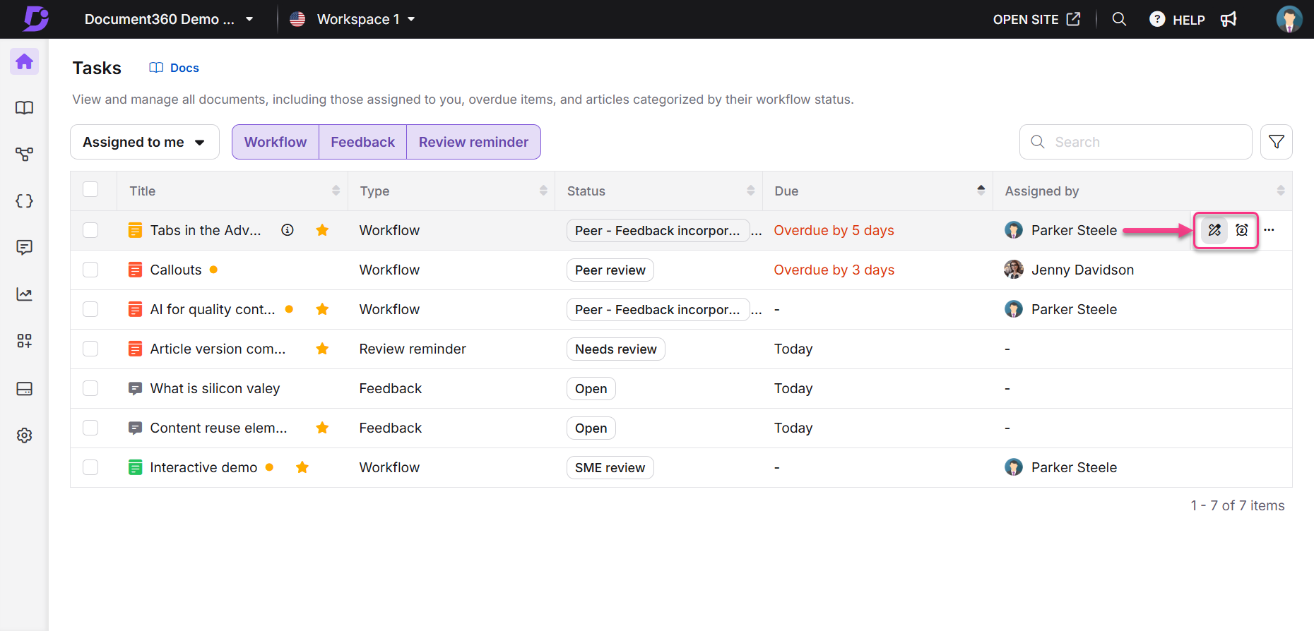Task management interface showing overdue items and assigned users for workflow tasks.