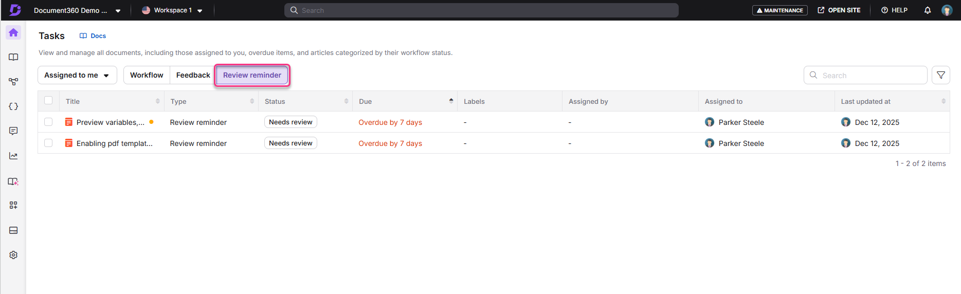 Task management interface showing review reminders and overdue items for documents.