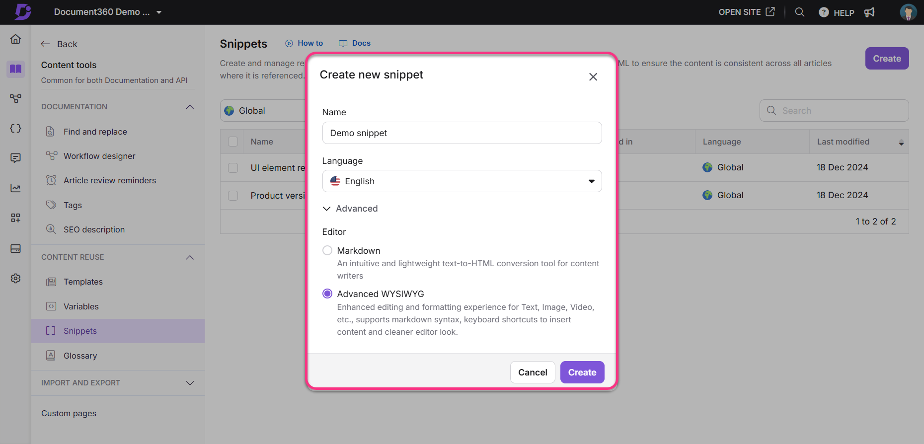 Creating a new snippet in Document360 with options for name, language, and editor type.