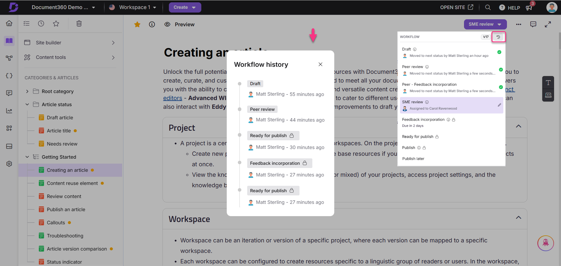Workflow history showing article statuses and user assignments in Document360 interface.