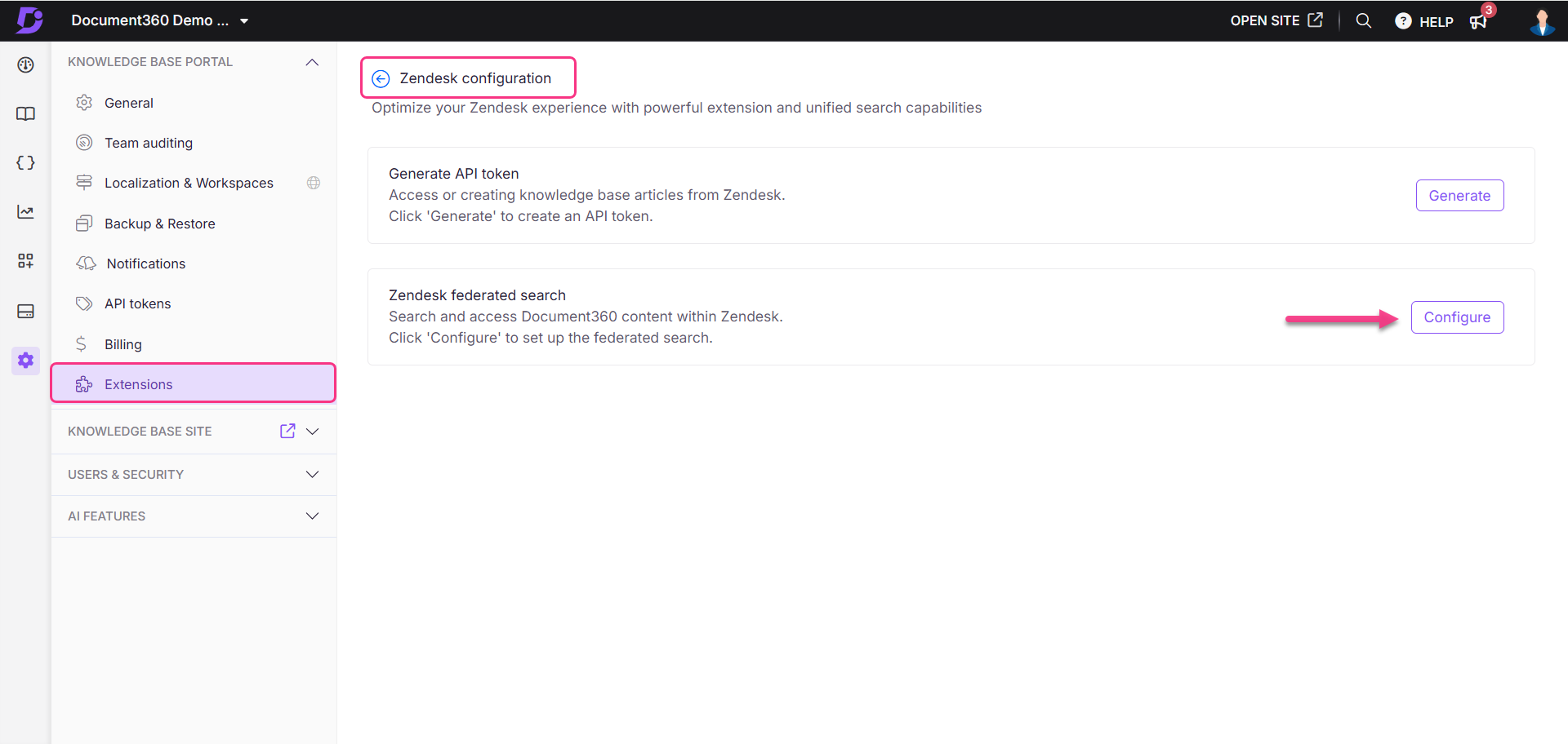 Image showing the option to configure Zendesk federated search