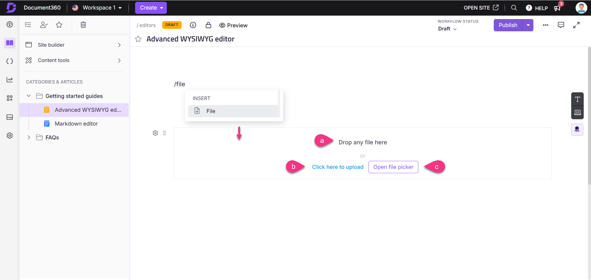Adding files in the Advanced WYSIWYG editor
