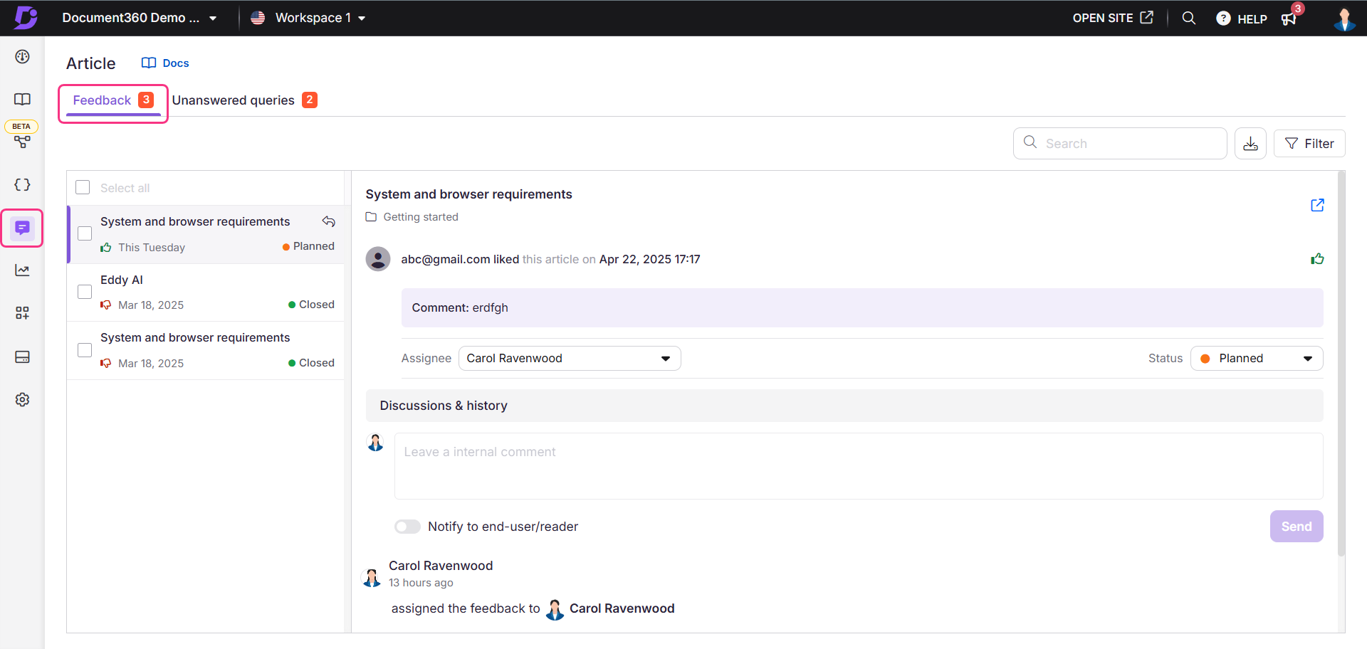 Feedback tab overview page