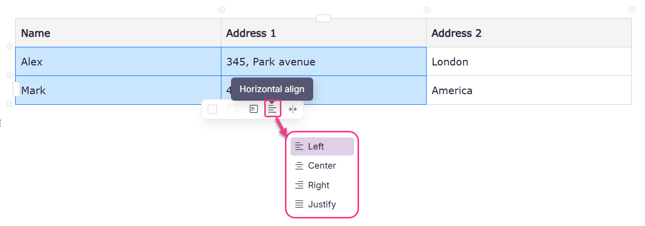 Image showing horizontal align options for table cells