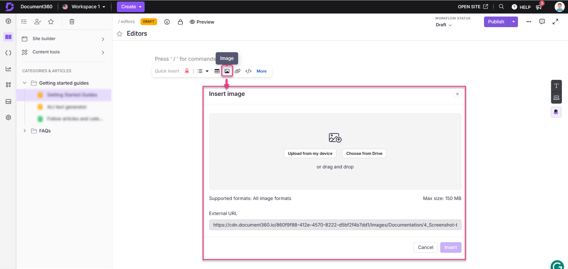 An image from the Quick insert menu is added to the Advanced WYSIWYG editor.