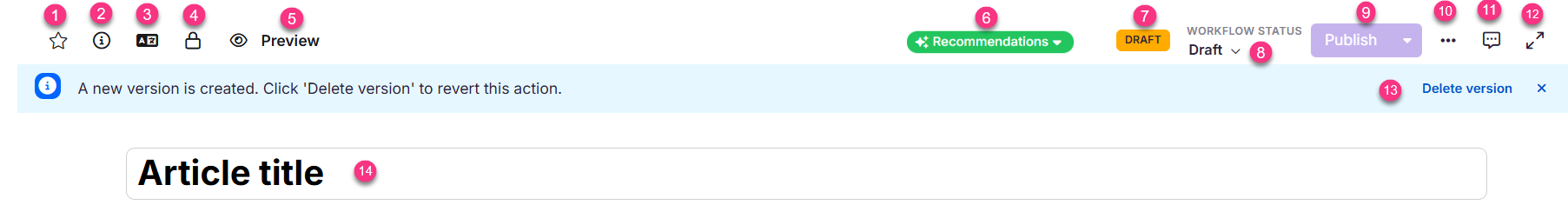 Interface showing article title and version control options for publishing content.