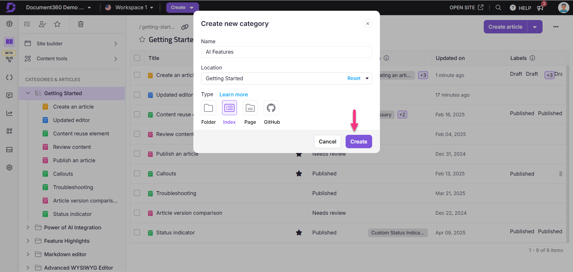 Document360 interface shows Create new category panel