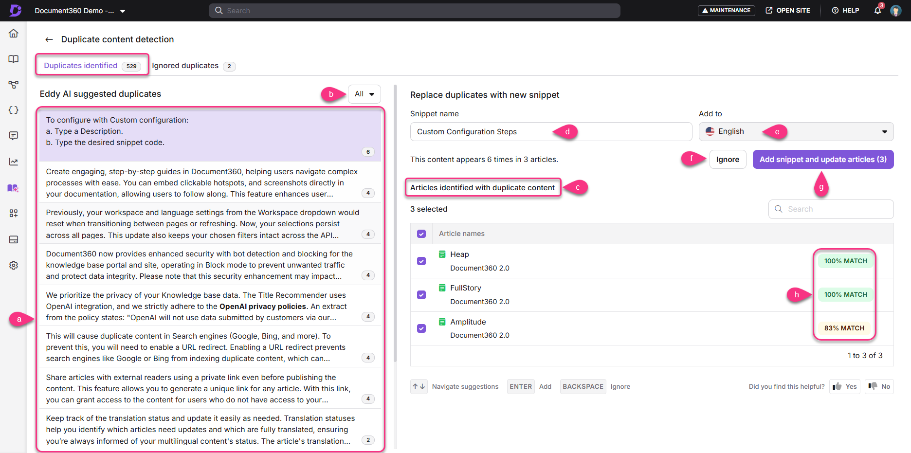 Document360 interface showing duplicate content detection and suggested articles for replacement.