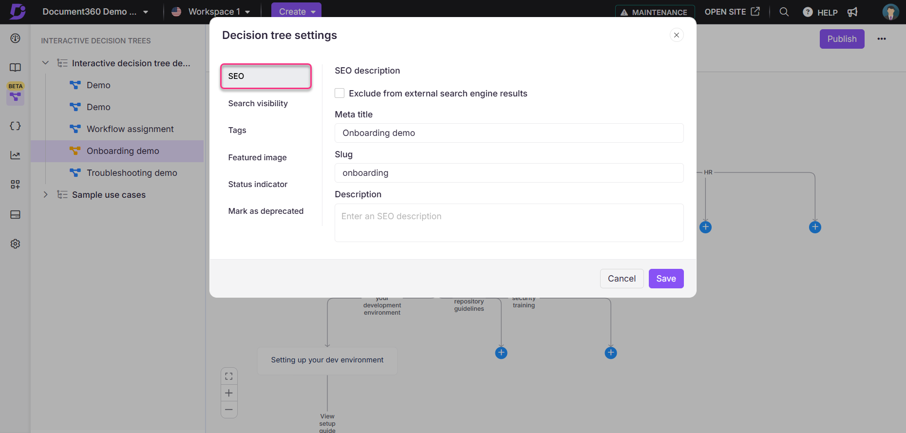 Settings for an interactive decision tree, including SEO and onboarding options.