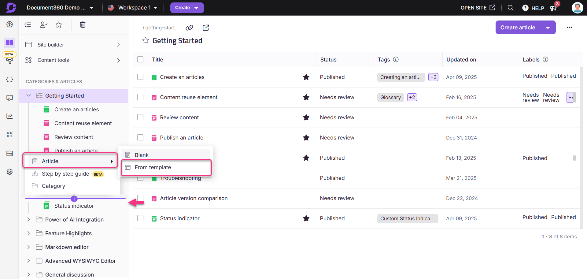 Document360 interface showing article creation options and status indicators for articles.
