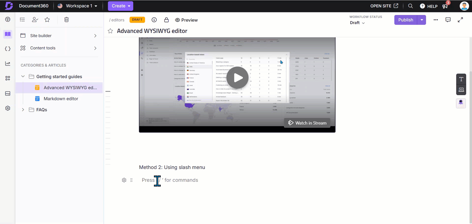 Embedding a video using the Slash command in the Advanced WYSIWYG editor