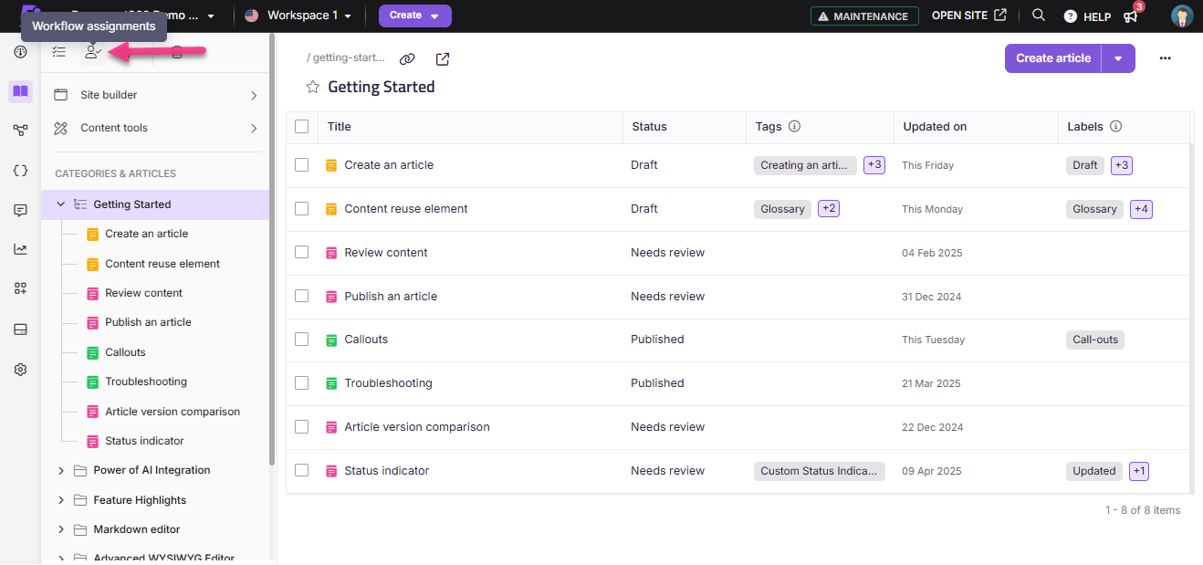 Workflow assignments interface showing article statuses and categories for content management.