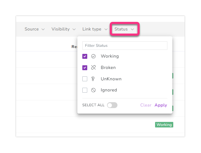 6_Screenshot-Links_status_sorting_filter_status