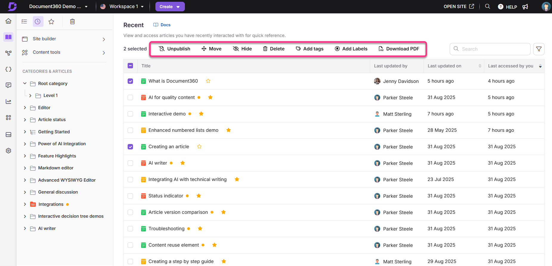 Document360 interface showing recent articles with options to manage selected items.
