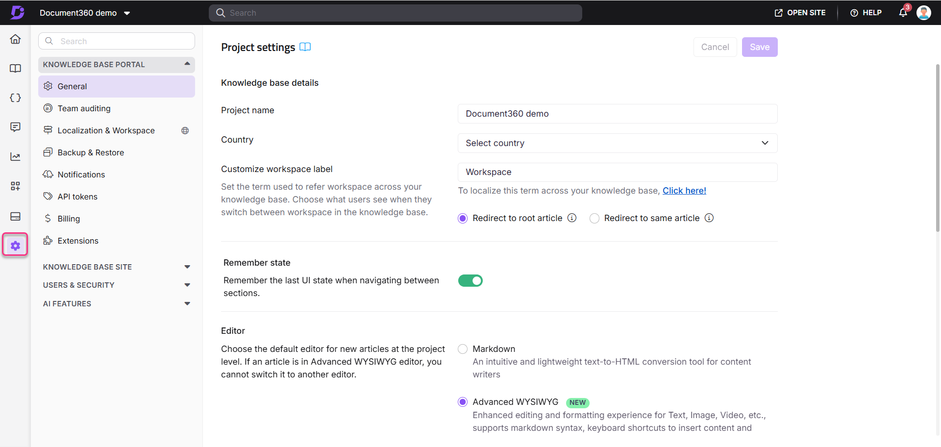 Project settings interface displaying knowledge base details and editor options for customization.
