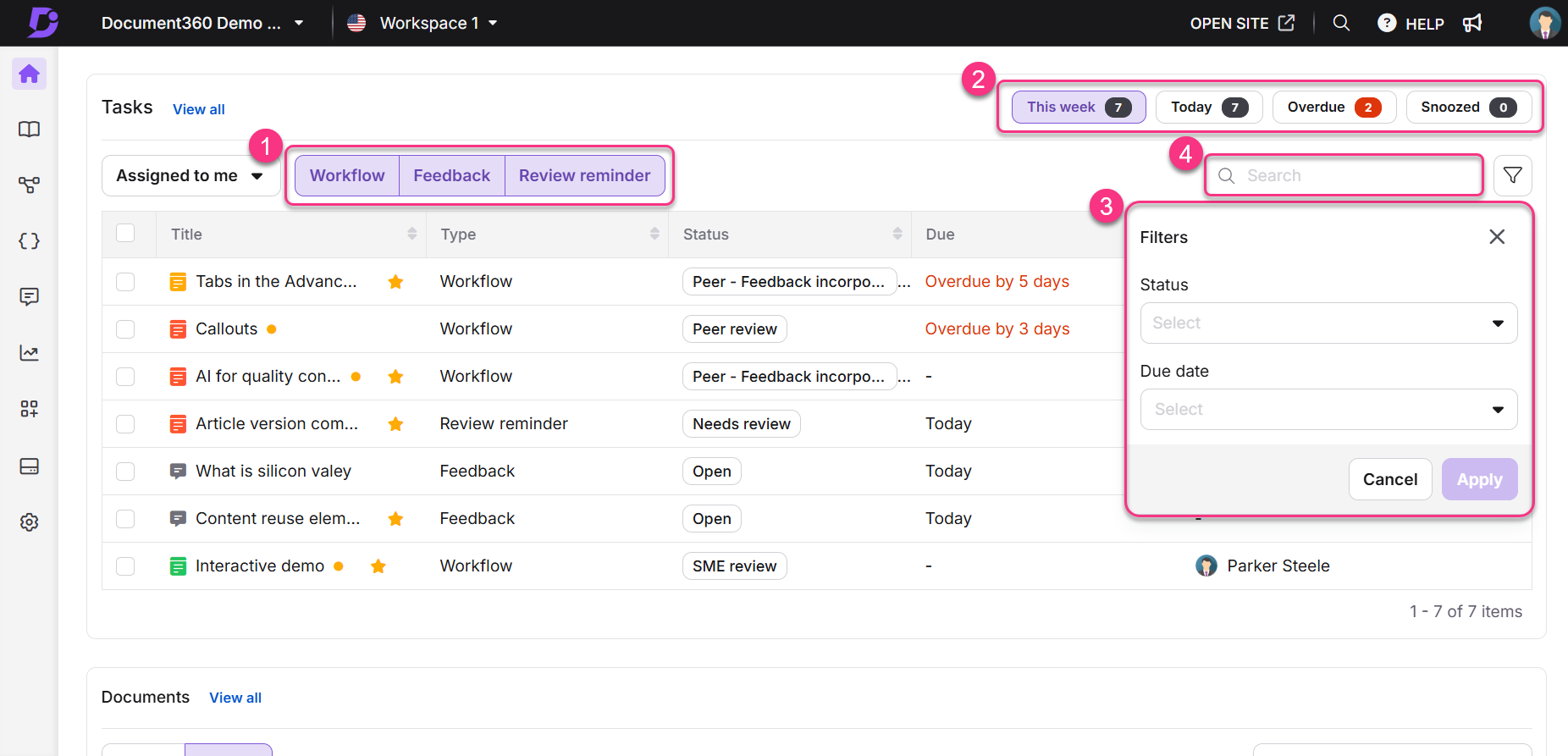 Task management interface showing assigned tasks, filters, and due dates for review.