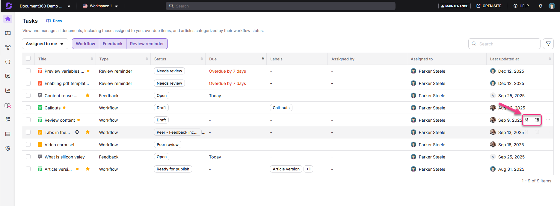 Task management interface showing various document statuses and assigned users.