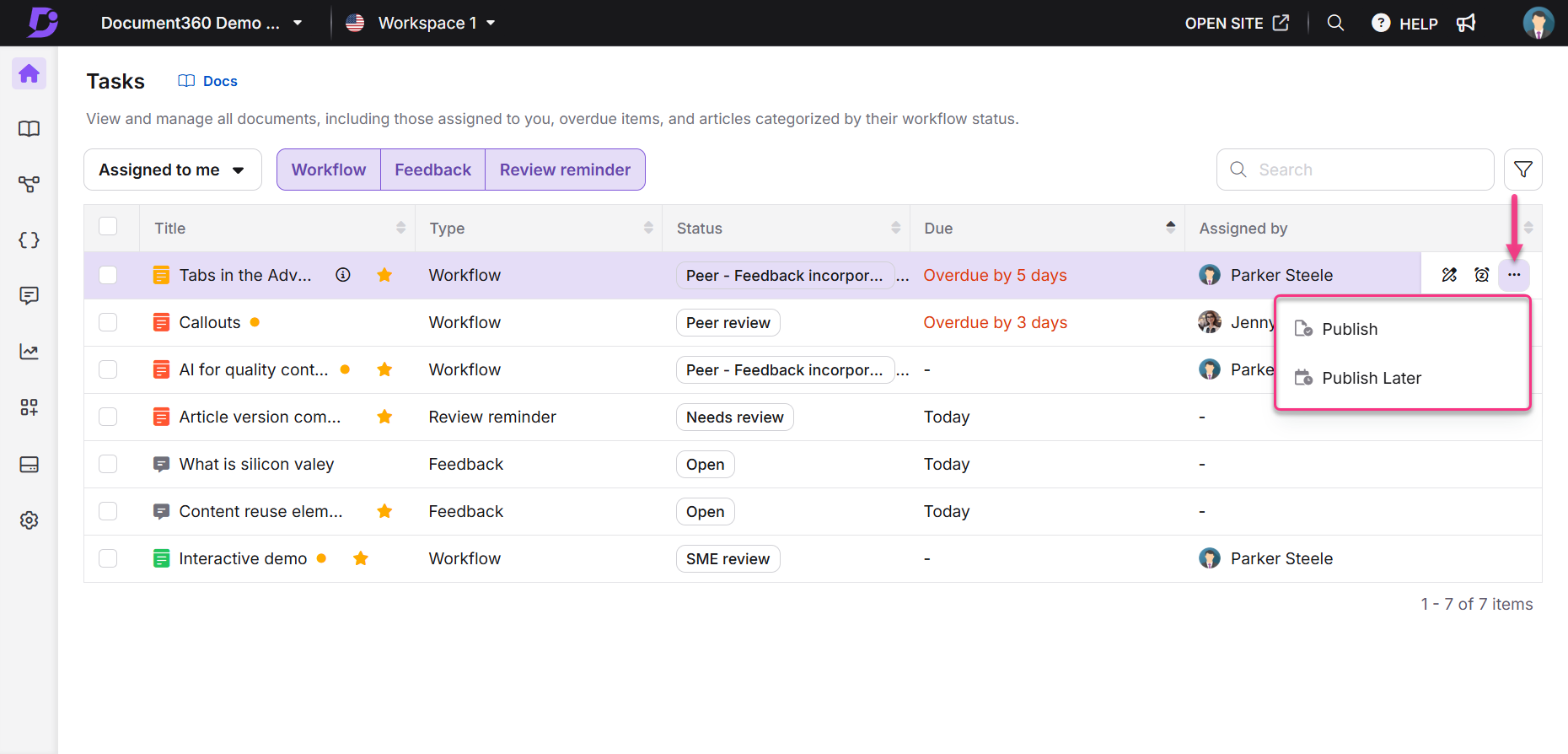 Task management interface showing overdue items and publishing options for documents.
