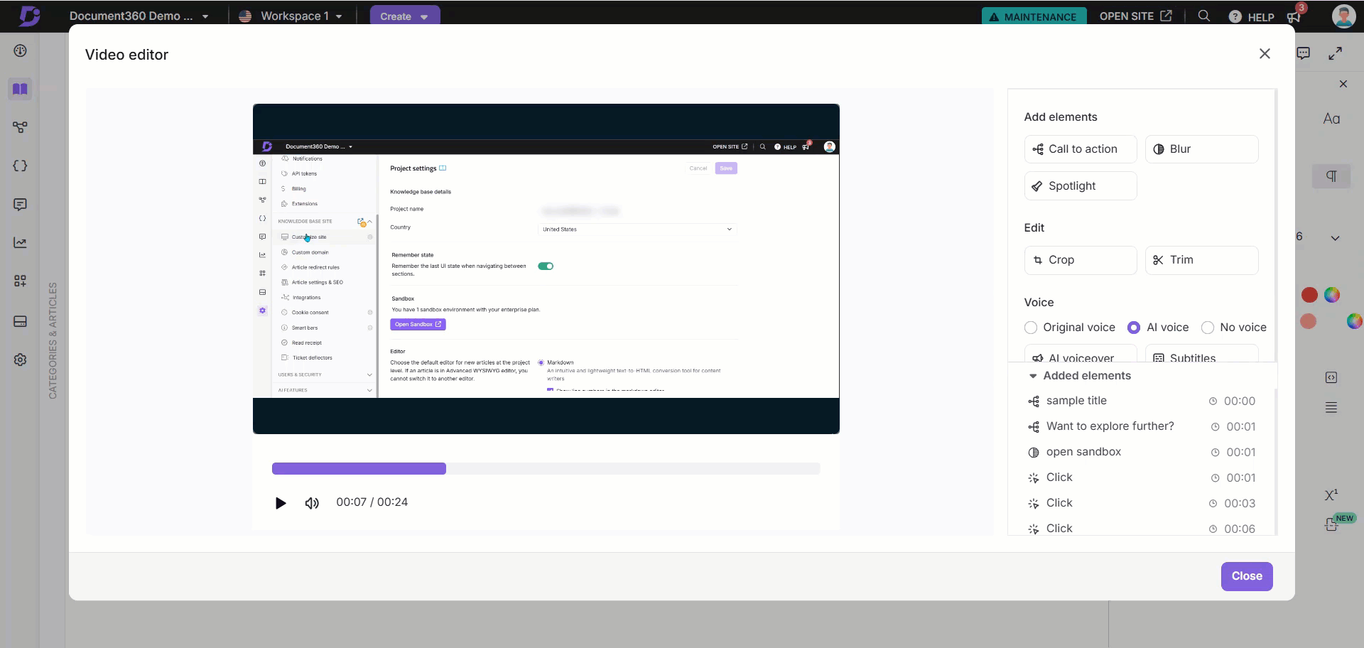 It shows how to add a spotlight element to a recording video in the Advanced WYSIWYG editor