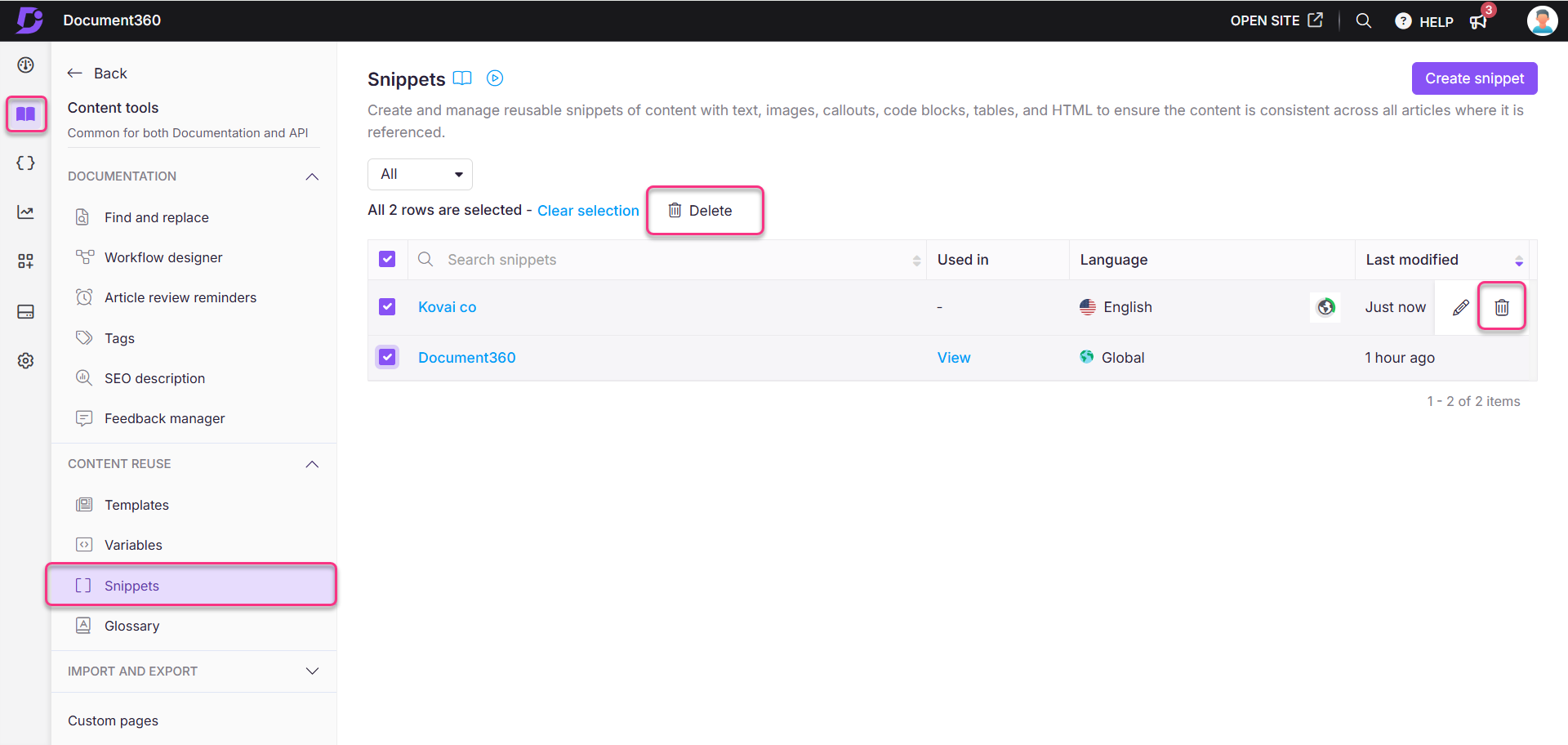 Document360 interface showing snippets management with delete option highlighted.