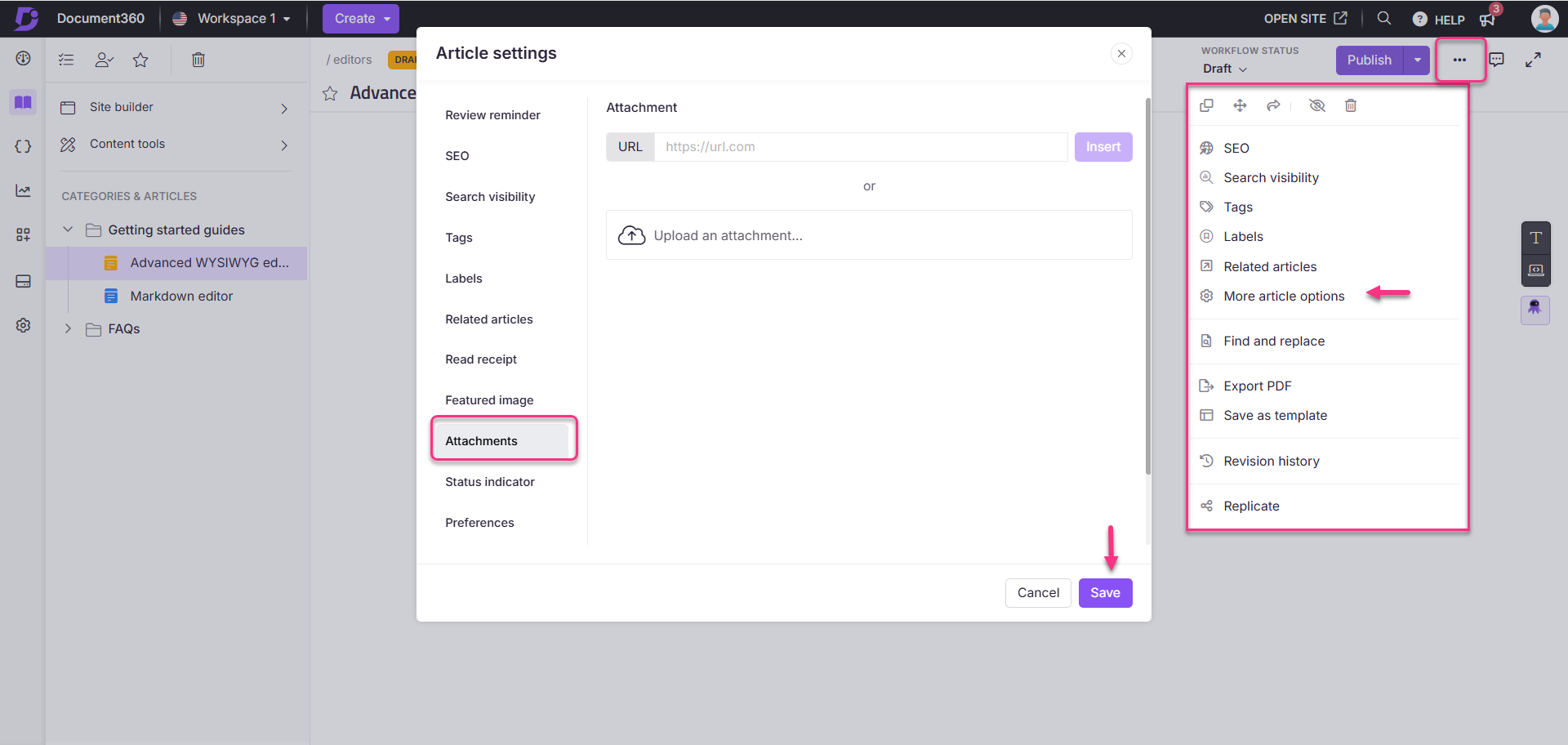 Attaching files in the Advanced WYSIWYG editor
