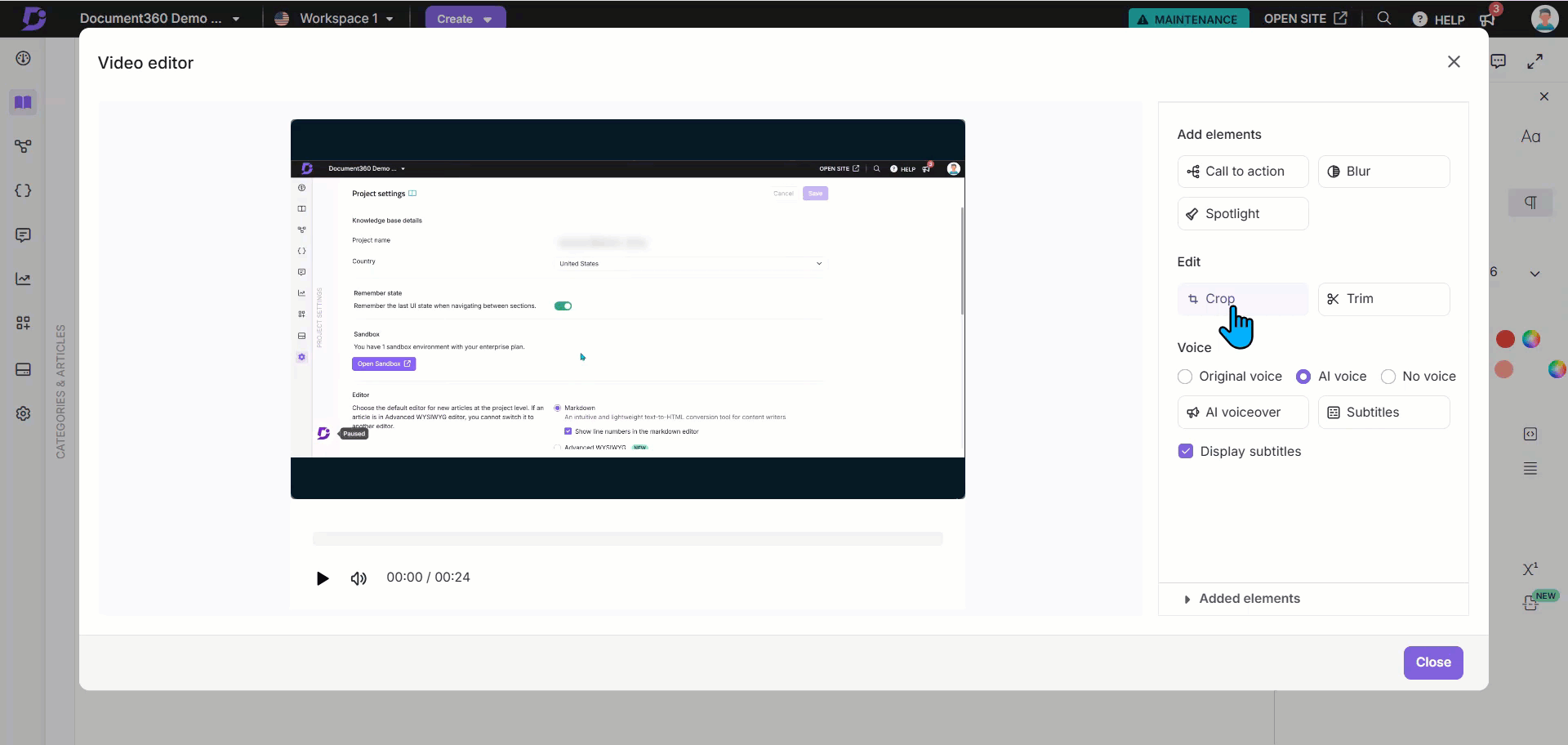 It shows how to crop a recording video in the Advanced WYSIWYG editor