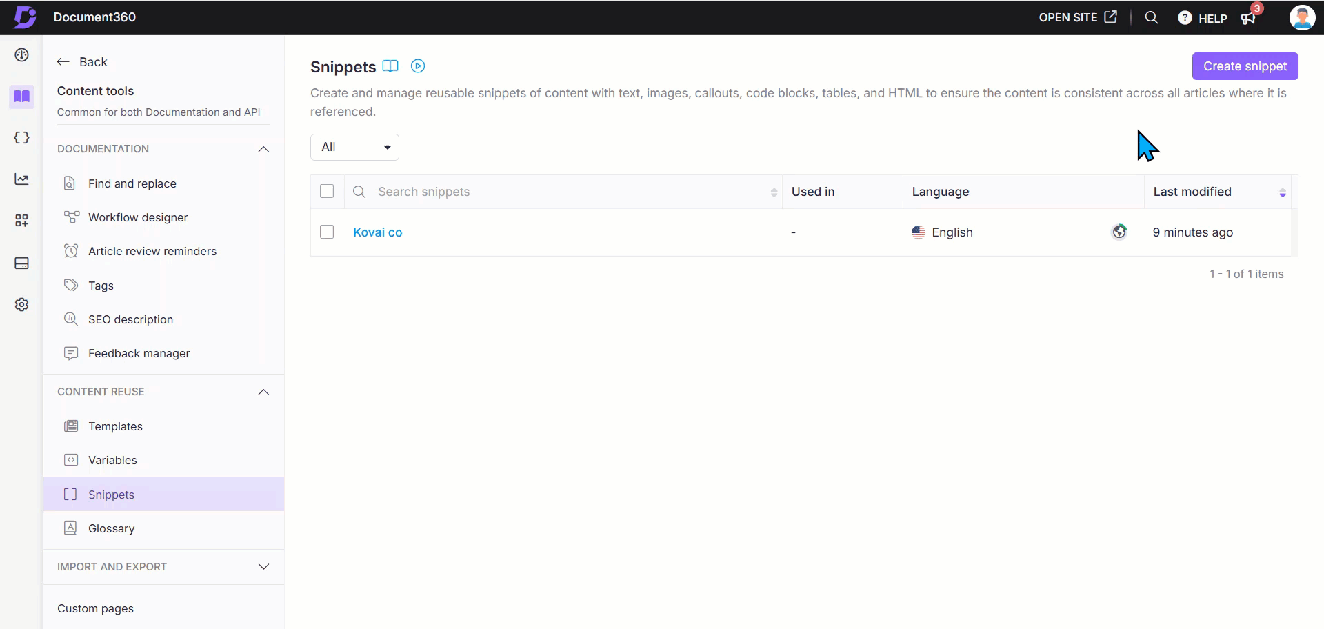 Document360 interface showing translating new snippets