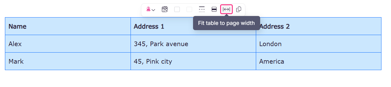 Image showing the option to fit the table to page width