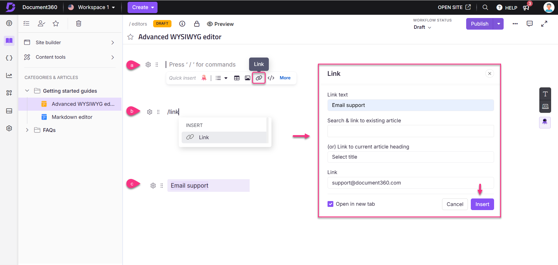Demonstration of inserting a link in the advanced WYSIWYG editor interface.