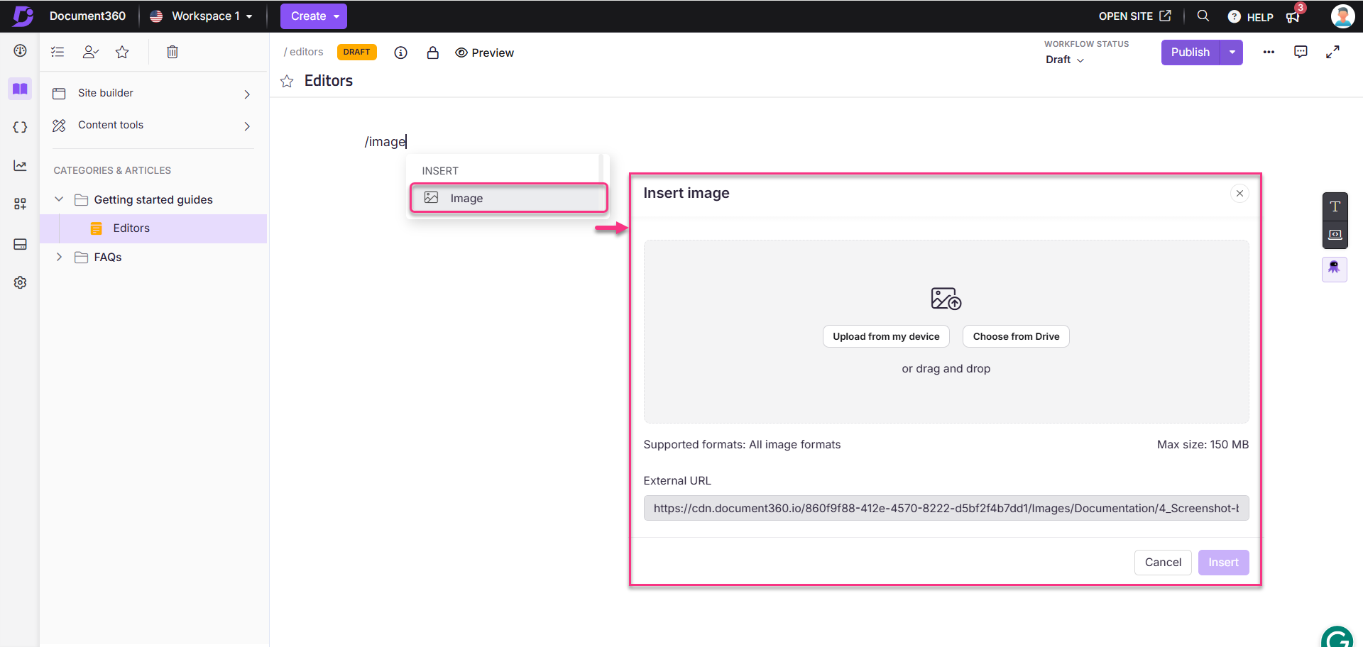 An image from the Slash command is added to the Advanced WYSIWYG editor.