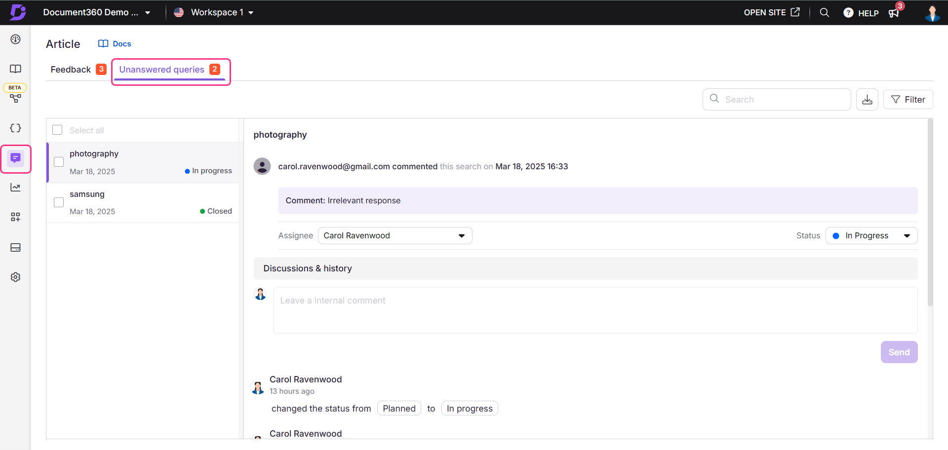 Unanswered queries overview page