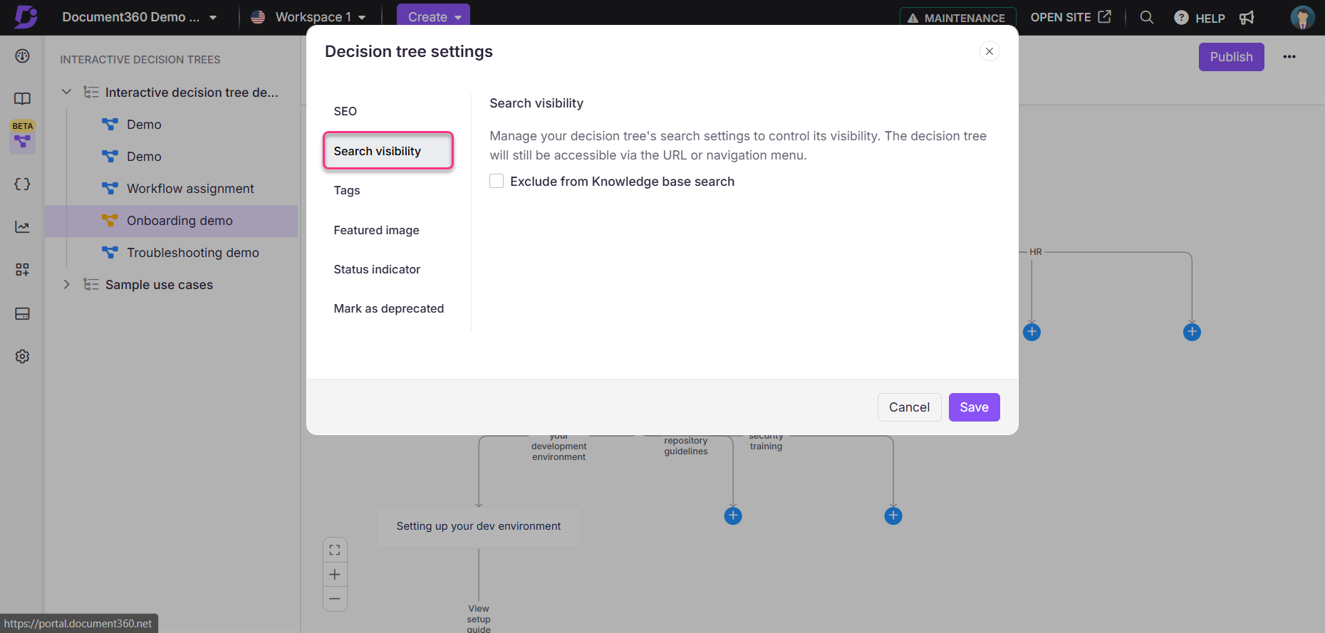 Settings for decision tree visibility and management options in Document360 interface.