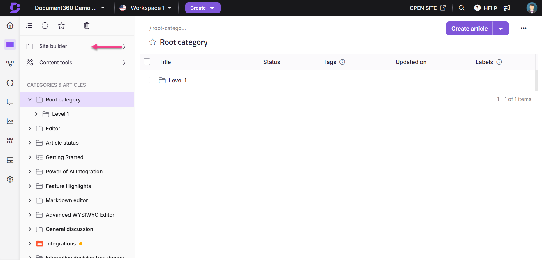Document360 interface showing site builder and categories for article management.